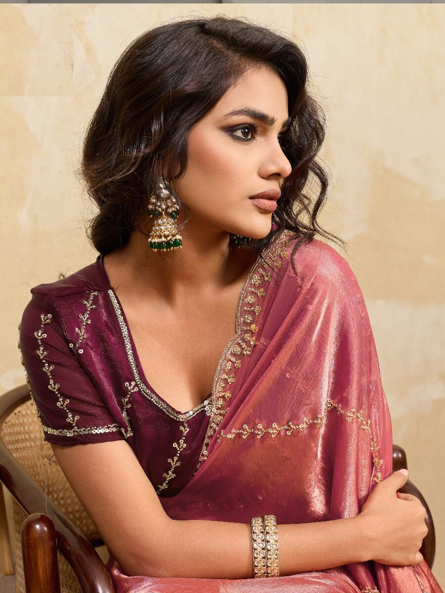 Dusty Orange Velvet Satin Sequins Wedding Reception Festival Party Heavy Border Sarees