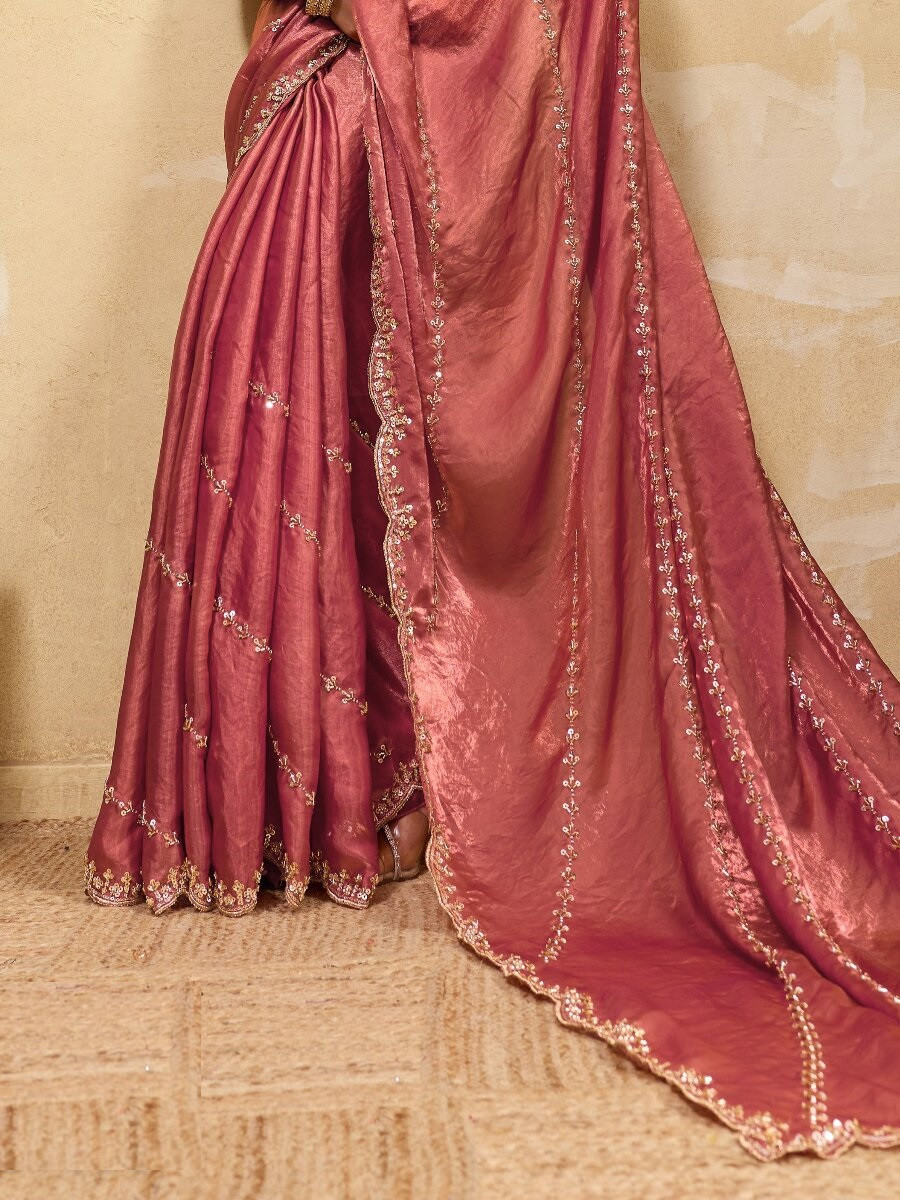 Dusty Orange Velvet Satin Sequins Wedding Reception Festival Party Heavy Border Sarees