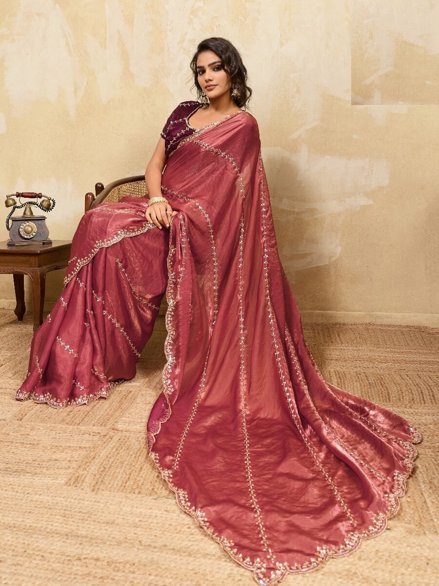 Dusty Orange Velvet Satin Sequins Wedding Reception Festival Party Heavy Border Sarees