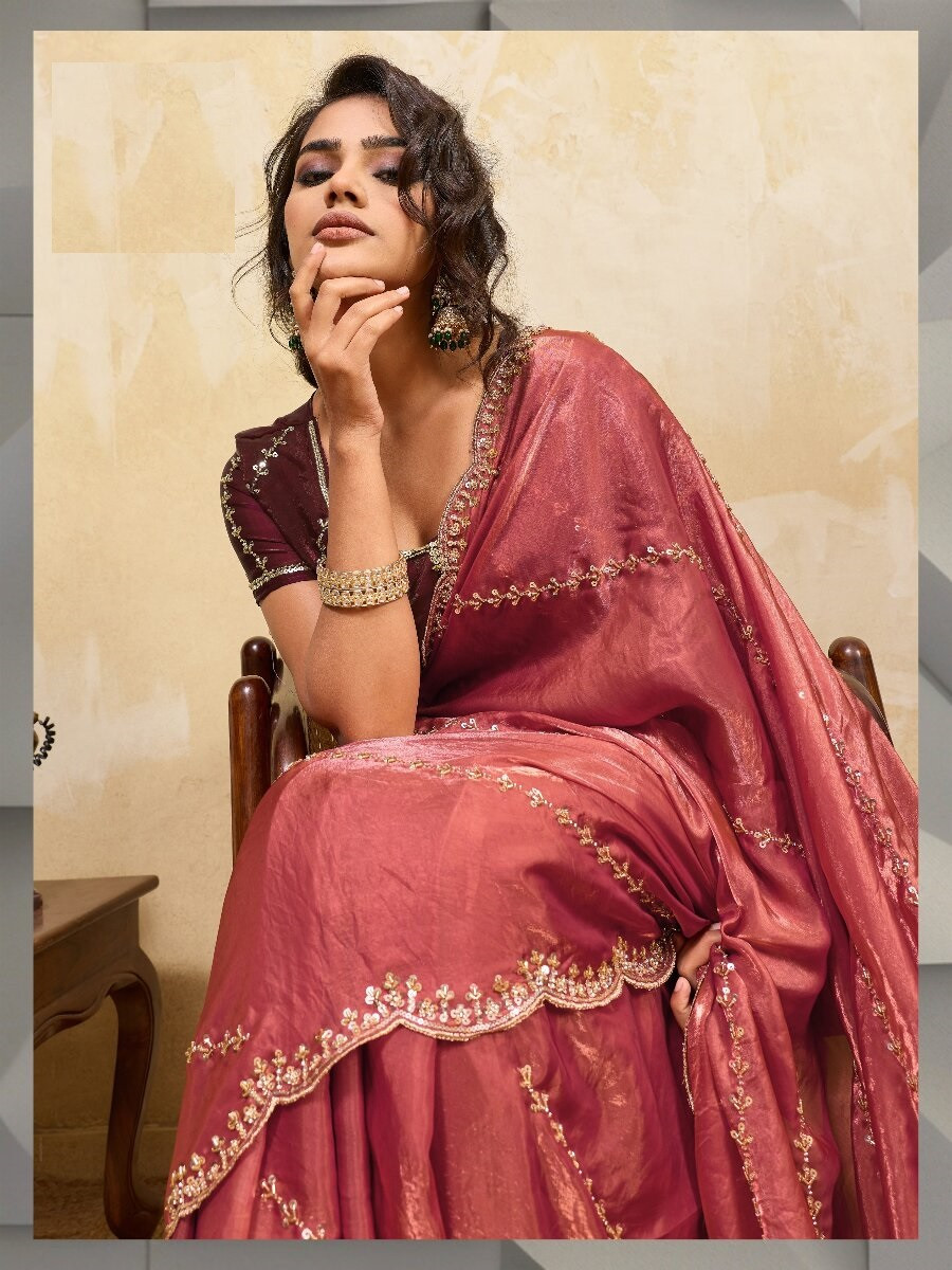 Dusty Orange Velvet Satin Sequins Wedding Reception Festival Party Heavy Border Sarees