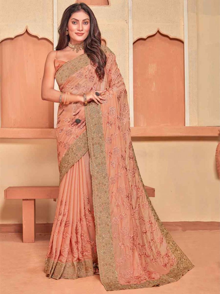 Dusty Peach Crepe Silk Embroidered Wedding Party Heavy Border Saree