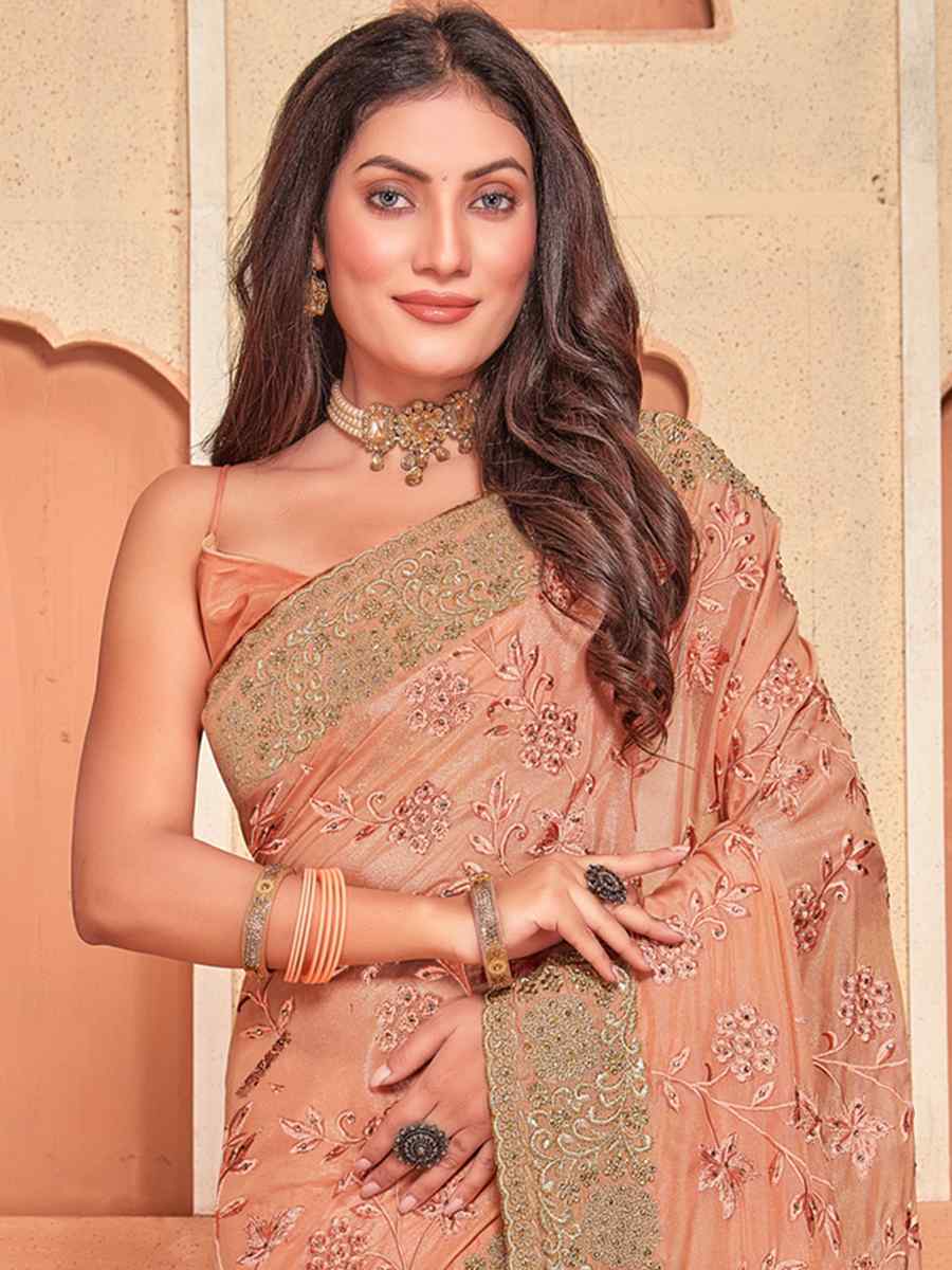 Dusty Peach Crepe Silk Embroidered Wedding Party Heavy Border Saree