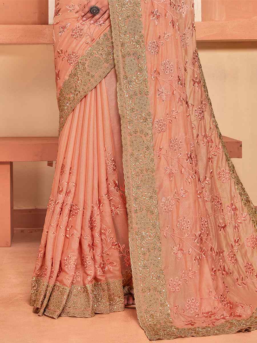 Dusty Peach Crepe Silk Embroidered Wedding Party Heavy Border Saree