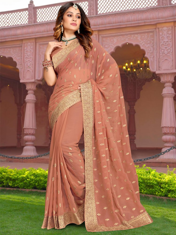 Dusty Peach Georgette Embroidered Reception Party Heavy Border Saree