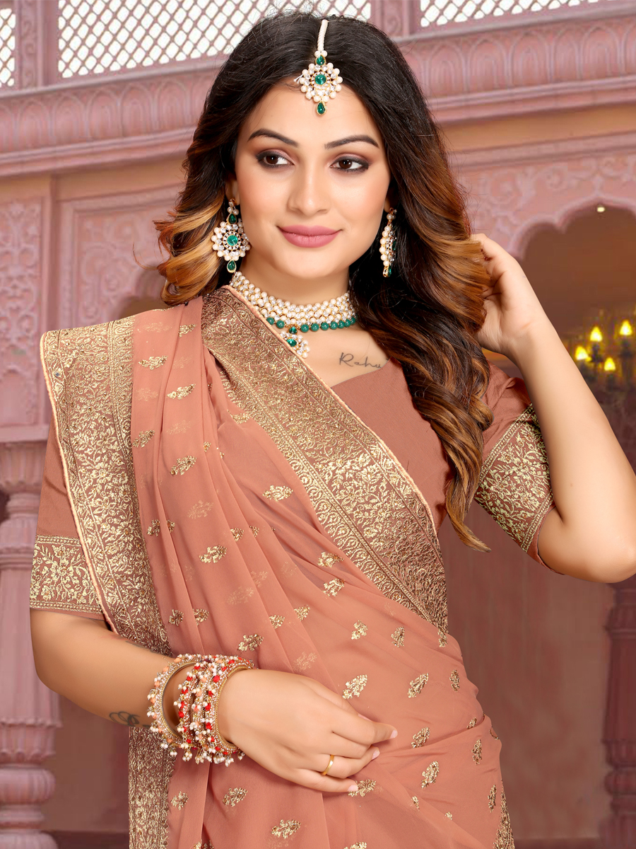 Dusty Peach Georgette Embroidered Reception Party Heavy Border Saree