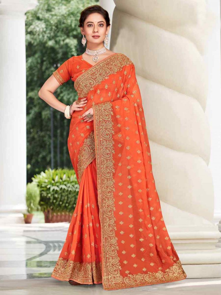 Dusty Peach Georgette Embroidered Wedding Festival Heavy Border Saree