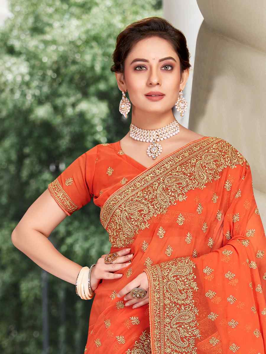 Dusty Peach Georgette Embroidered Wedding Festival Heavy Border Saree
