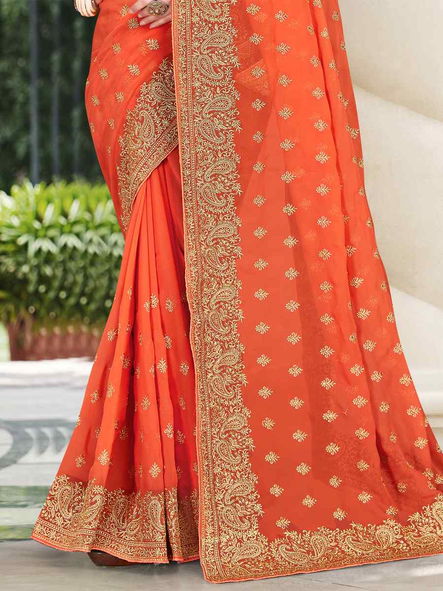 Dusty Peach Georgette Embroidered Wedding Festival Heavy Border Saree
