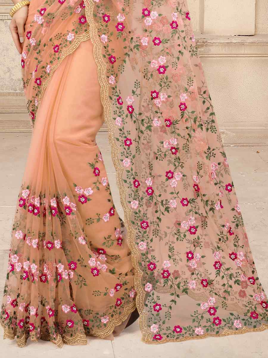 Dusty Peach Net Embroidered Party Festival Contemporary Saree