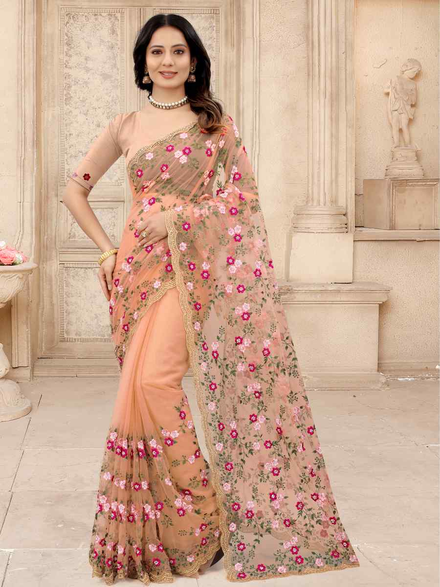Dusty Peach Net Embroidered Party Festival Contemporary Saree