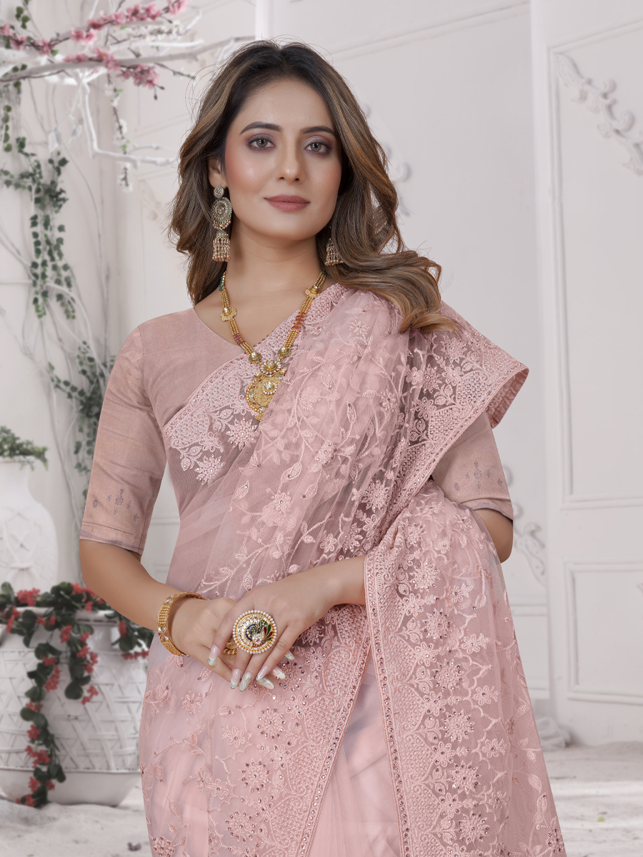 Dusty Peach Net Embroidered Party Festival Heavy Border Saree