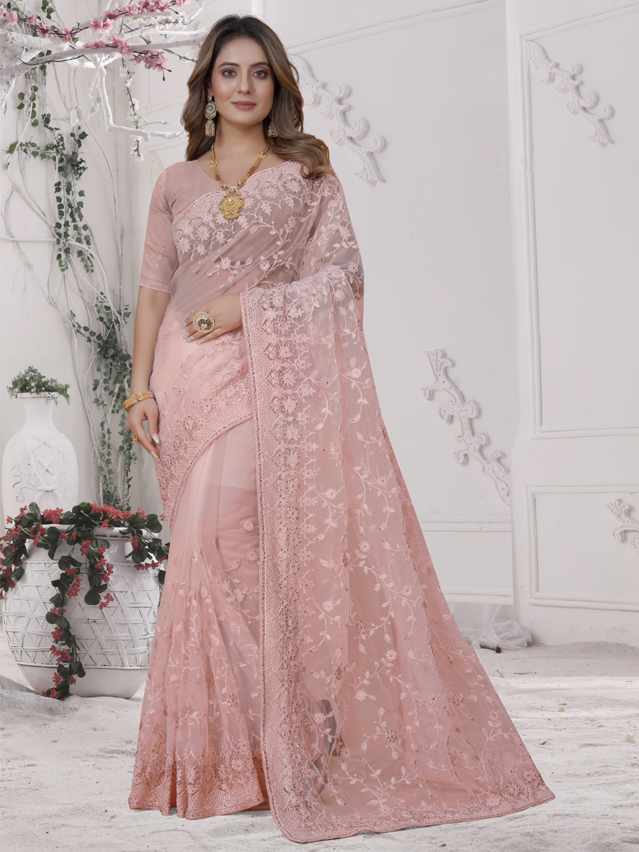 Dusty Peach Net Embroidered Party Festival Heavy Border Saree