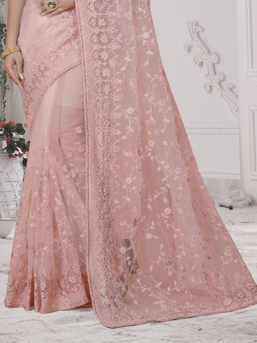 Dusty Peach Net Embroidered Party Festival Heavy Border Saree