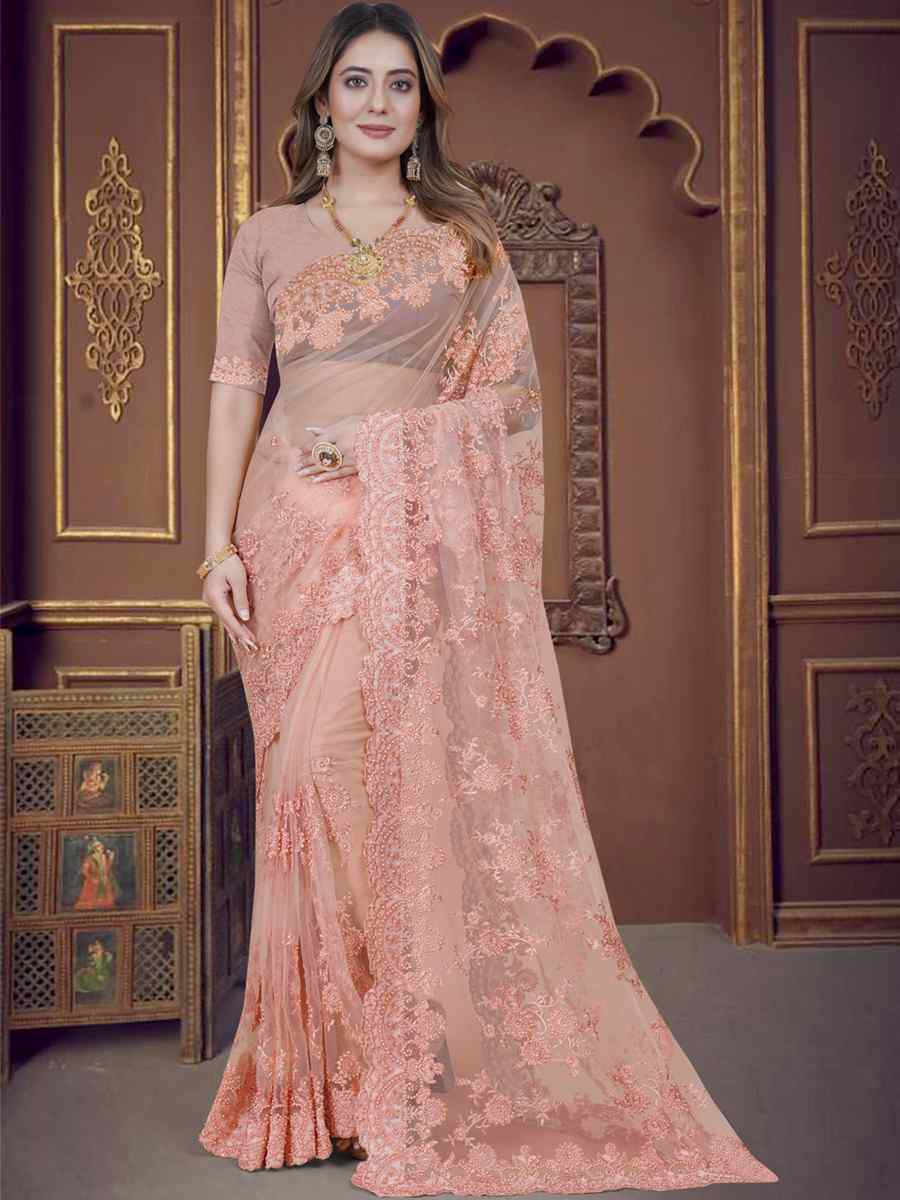 Dusty Peach Net Embroidered Wedding Party Heavy Border Saree