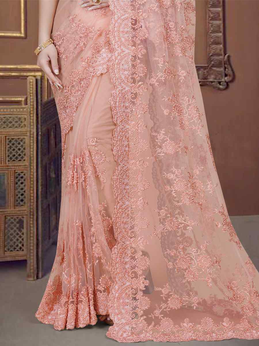 Dusty Peach Net Embroidered Wedding Party Heavy Border Saree