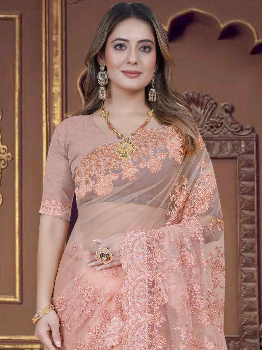 Dusty Peach Net Embroidered Wedding Party Heavy Border Saree