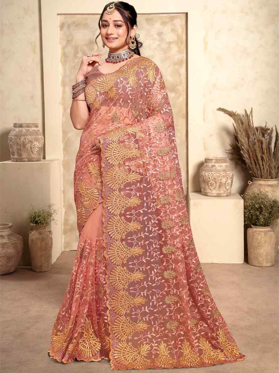 Dusty Peach Net Embroidery Party Wedding Heavy Border Saree