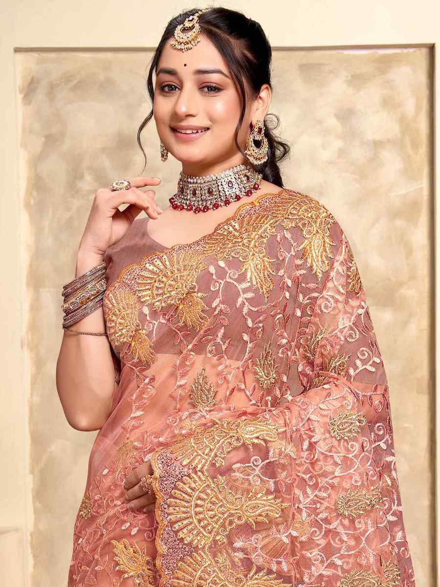 Dusty Peach Net Embroidery Party Wedding Heavy Border Saree