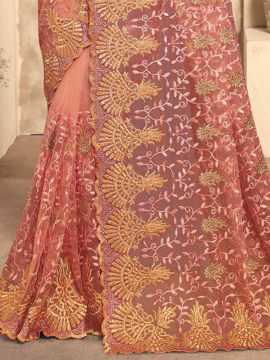 Dusty Peach Net Embroidery Party Wedding Heavy Border Saree