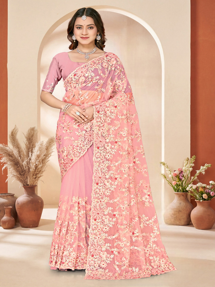 Dusty peach Net Embroidery Zari Wedding Reception Party Festival Casual Heavy Border Sarees