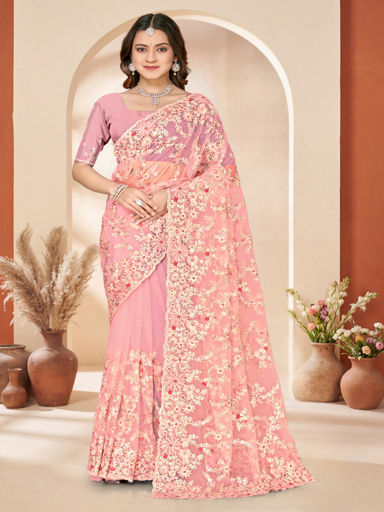 Image of Dusty peach Net Embroidery Zari Wedding Reception Party Festival Casual Heavy Border Sarees