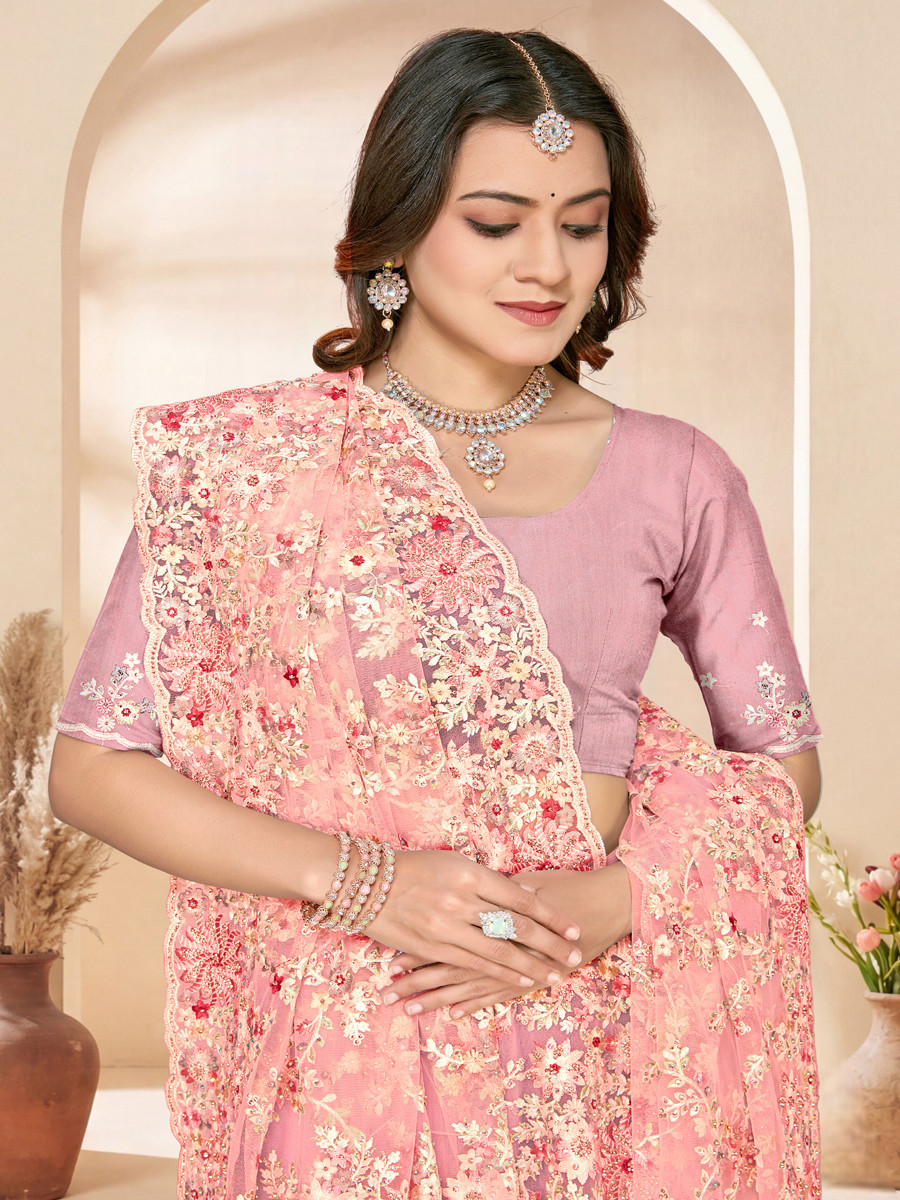 Dusty peach Net Embroidery Zari Wedding Reception Party Festival Casual Heavy Border Sarees