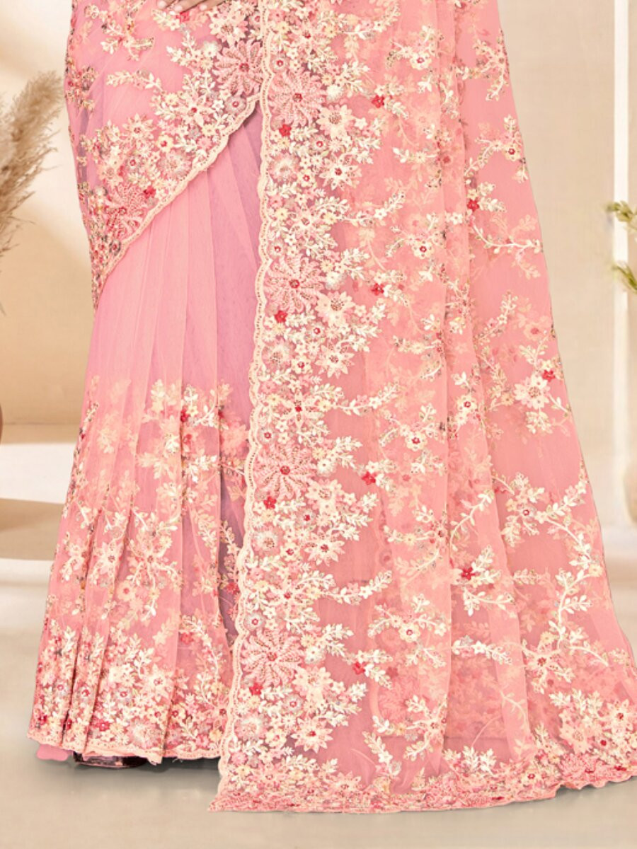 Dusty peach Net Embroidery Zari Wedding Reception Party Festival Casual Heavy Border Sarees