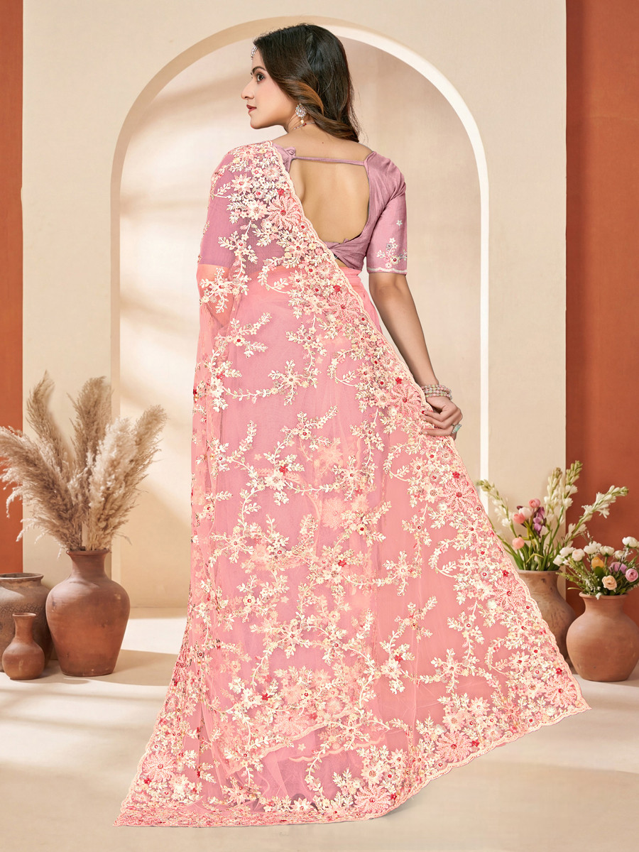 Dusty peach Net Embroidery Zari Wedding Reception Party Festival Casual Heavy Border Sarees