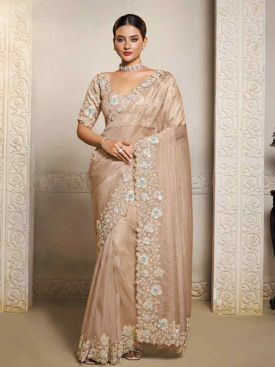 Dusty Peach Organza Crush Satin Embroidery Traditional Bridal Reception Festival Wedding Fancy Heavy Border Saree