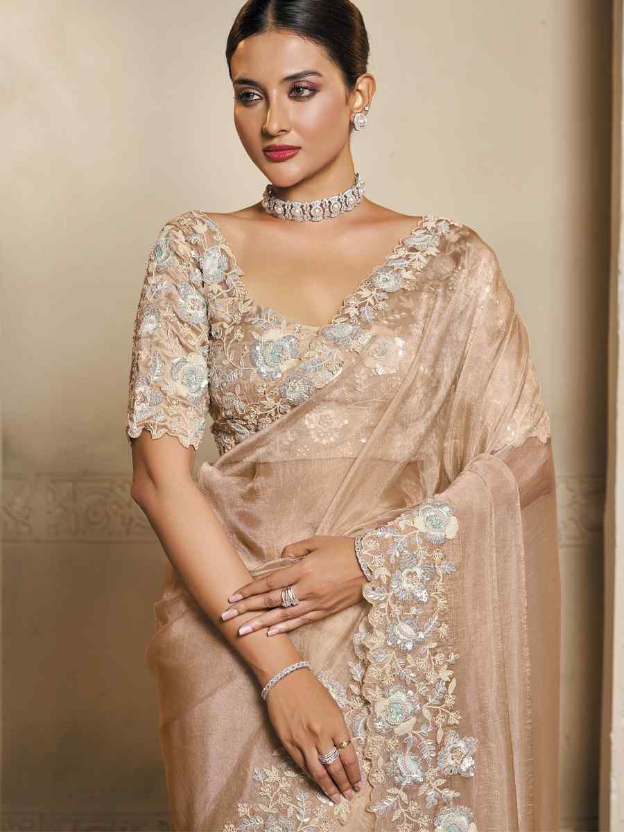 Dusty Peach Organza Crush Satin Embroidery Traditional Bridal Reception Festival Wedding Fancy Heavy Border Saree