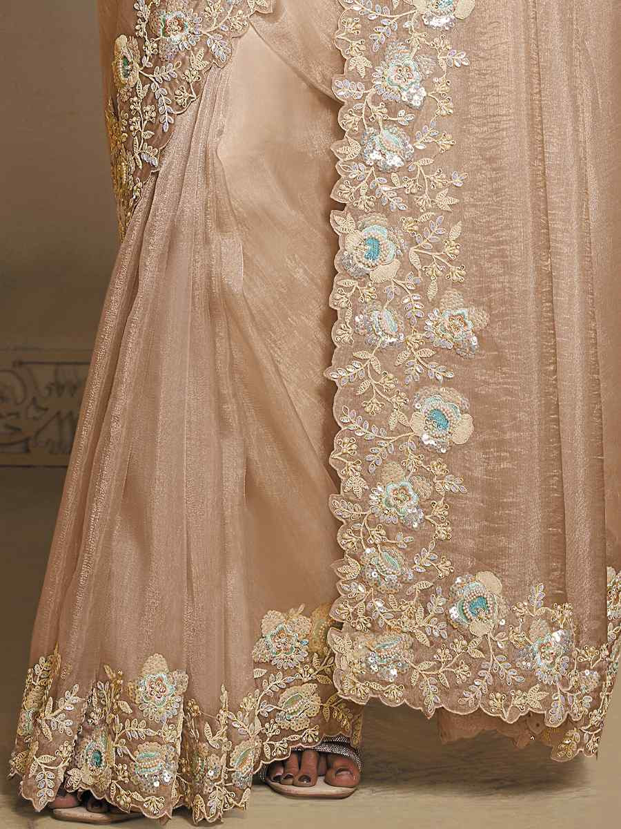 Dusty Peach Organza Crush Satin Embroidery Traditional Bridal Reception Festival Wedding Fancy Heavy Border Saree