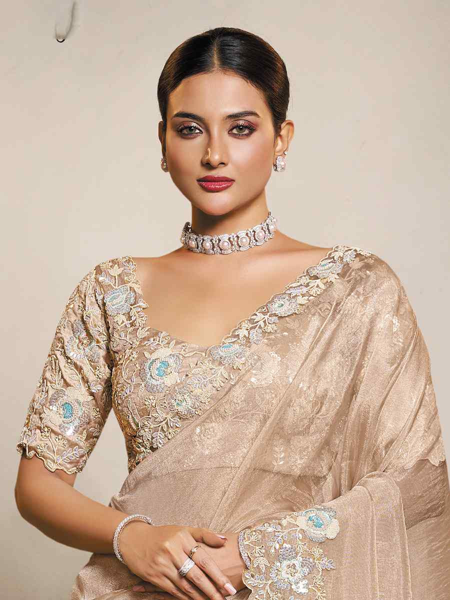 Dusty Peach Organza Crush Satin Embroidery Traditional Bridal Reception Festival Wedding Fancy Heavy Border Saree