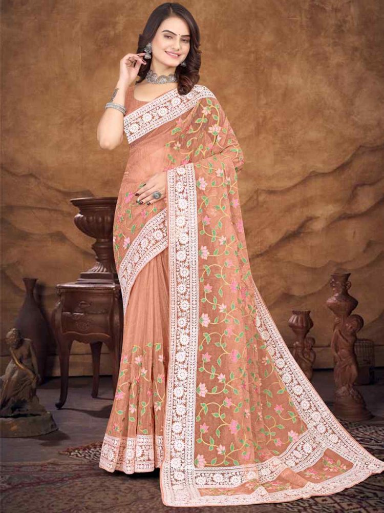 Dusty Peach Organza Embroidered Wedding Festival Heavy Border Saree