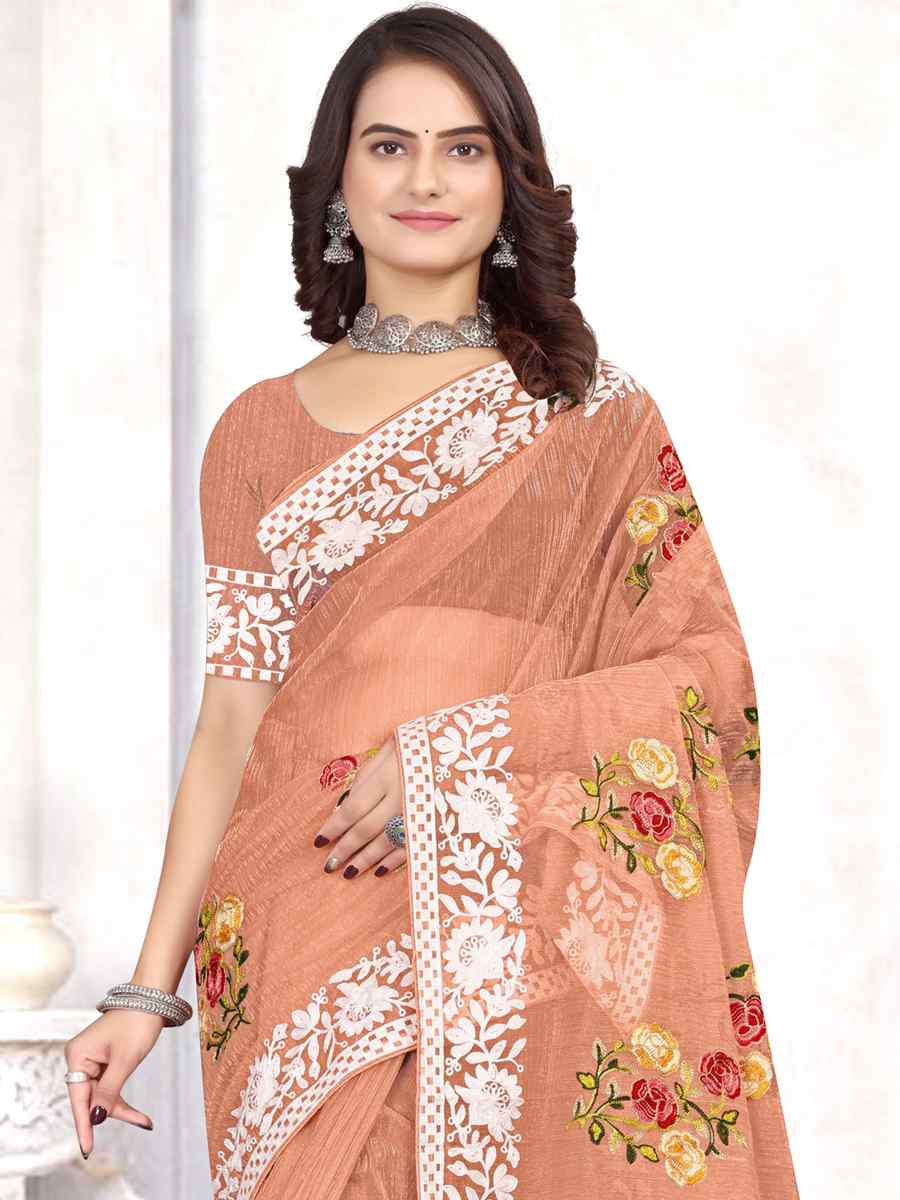 Dusty Peach Organza Embroidered Wedding Festival Heavy Border Saree