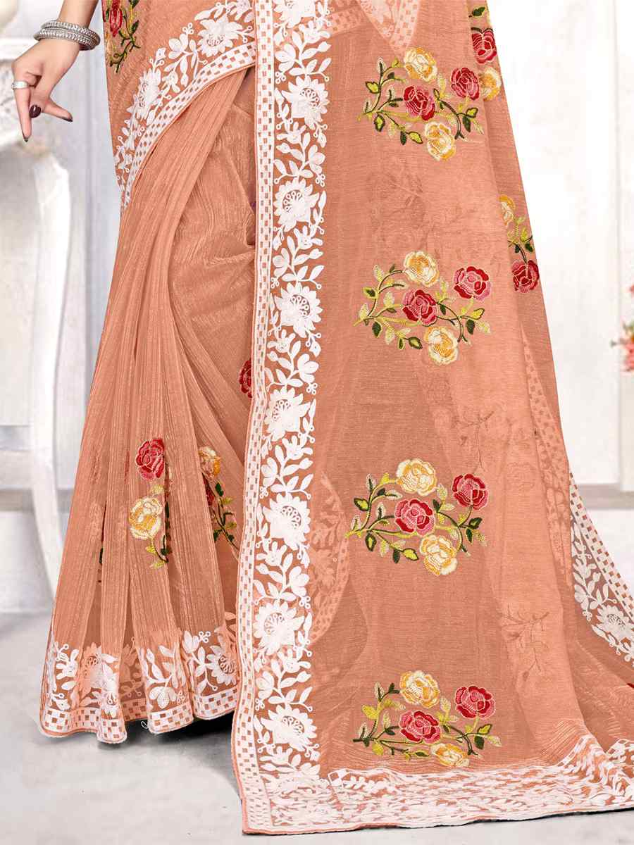 Dusty Peach Organza Embroidered Wedding Festival Heavy Border Saree