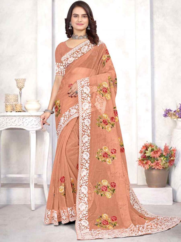 Dusty Peach Organza Embroidered Wedding Festival Heavy Border Saree