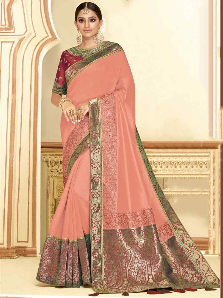 Dusty Peach Satin Silk Embroidered Reception Wedding Heavy Border Saree