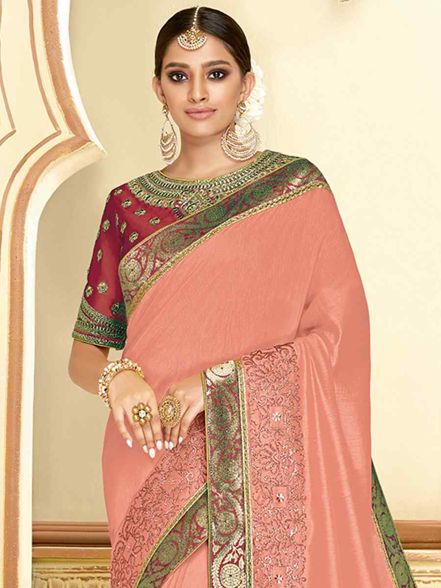 Dusty Peach Satin Silk Embroidered Reception Wedding Heavy Border Saree