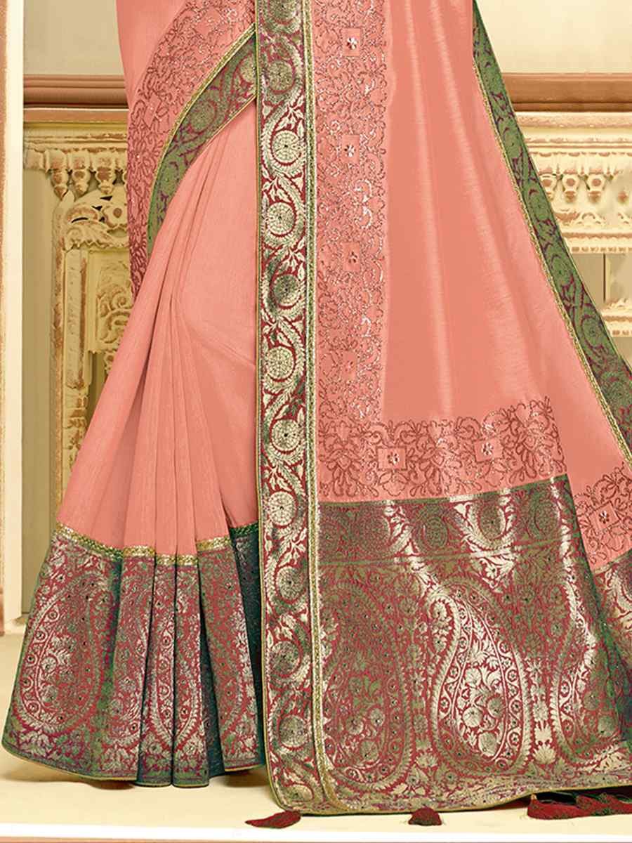 Dusty Peach Satin Silk Embroidered Reception Wedding Heavy Border Saree