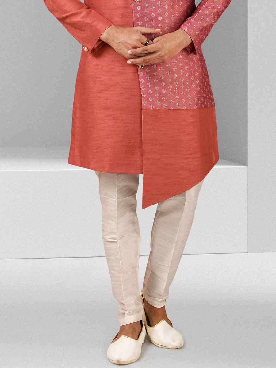 Dusty Pink Art Silk Plain Printed Party Wedding Sherwani