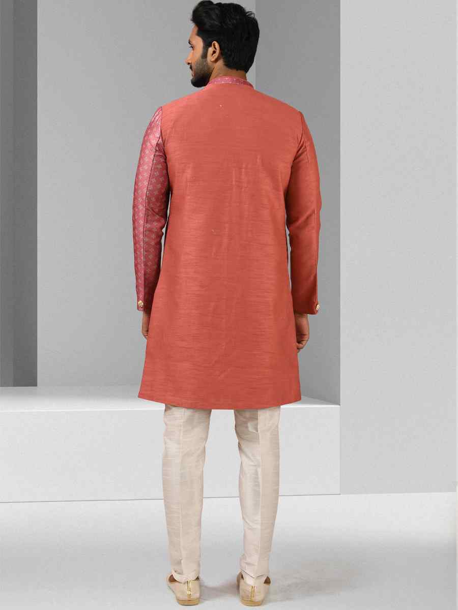 Dusty Pink Art Silk Plain Printed Party Wedding Sherwani
