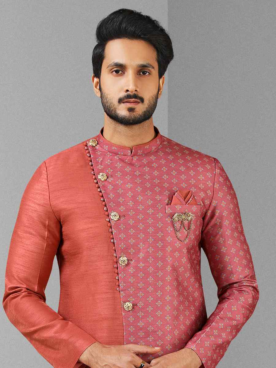 Dusty Pink Art Silk Plain Printed Party Wedding Sherwani