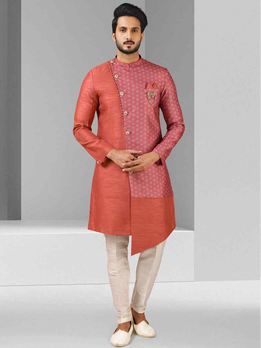 Dusty Pink Art Silk Plain Printed Party Wedding Sherwani