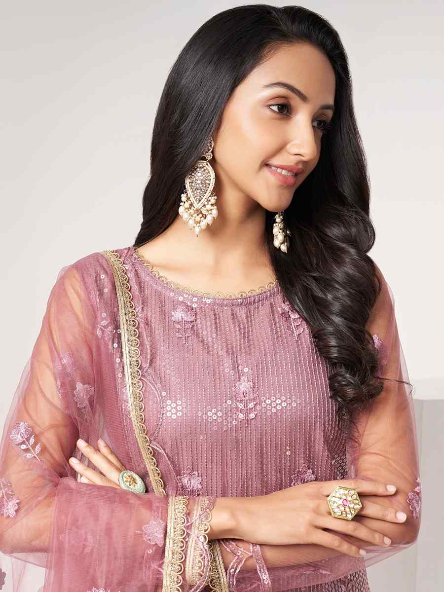 Dusty Pink Butterfly Net Embroidered Festival Wedding Pant Salwar Kameez