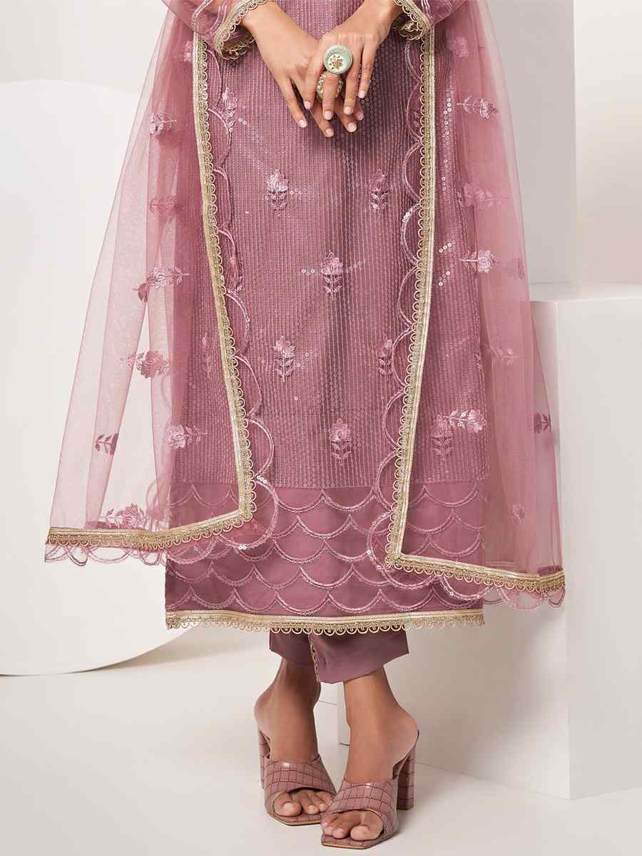 Dusty Pink Butterfly Net Embroidered Festival Wedding Pant Salwar Kameez