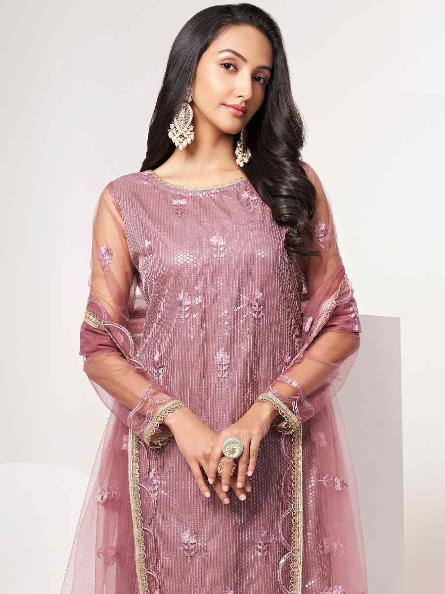 Dusty Pink Butterfly Net Embroidered Festival Wedding Pant Salwar Kameez