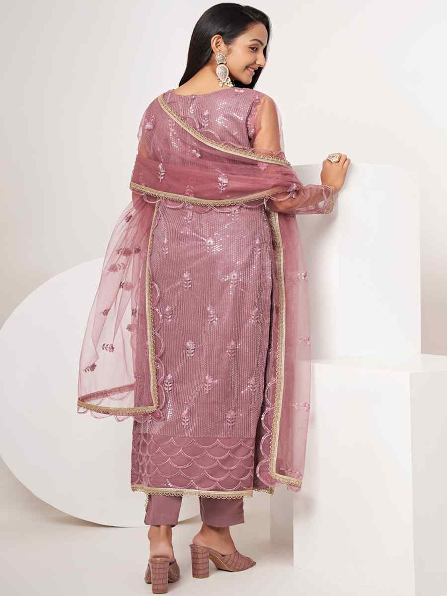 Dusty Pink Butterfly Net Embroidered Festival Wedding Pant Salwar Kameez