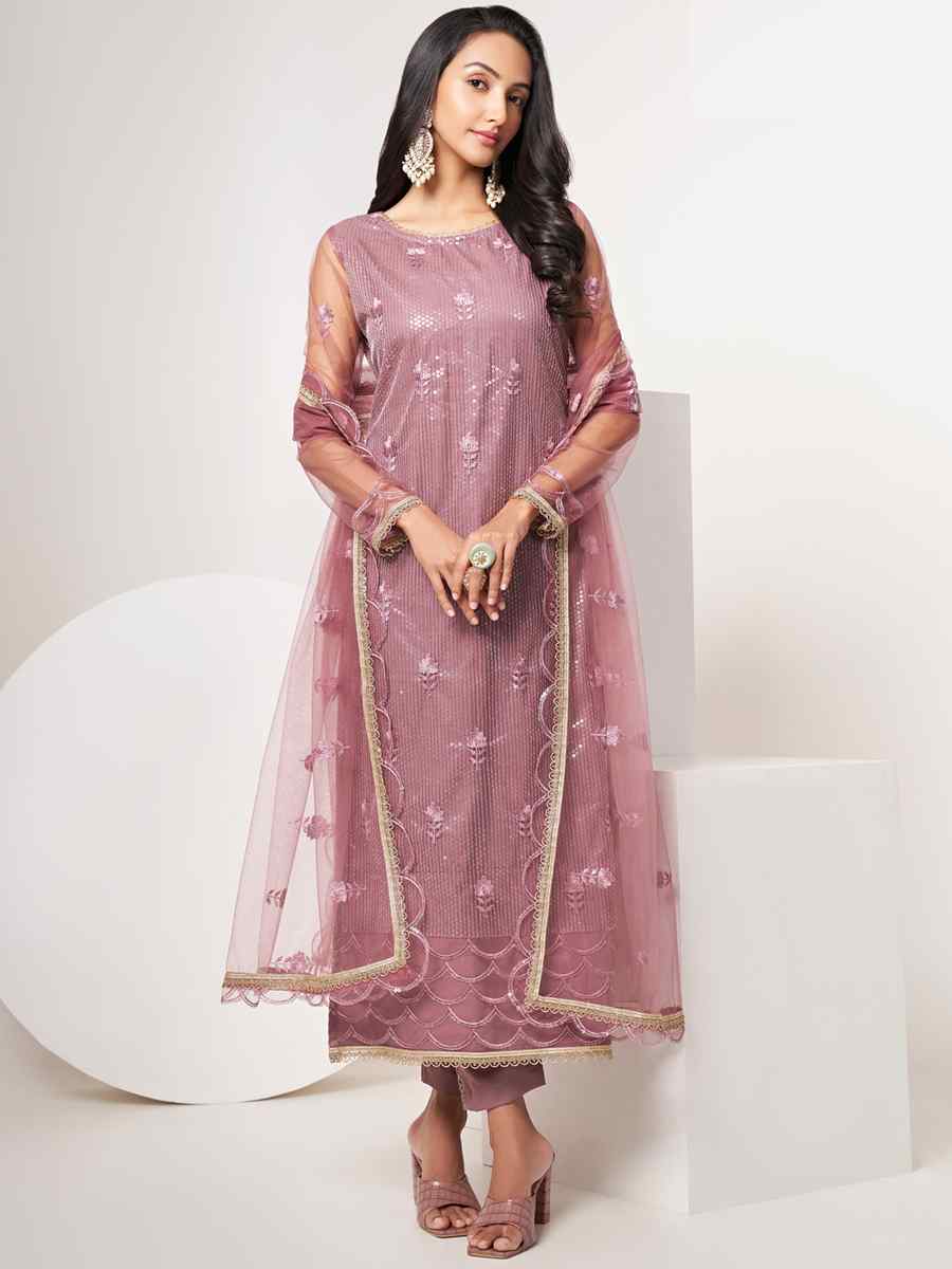 Dusty Pink Butterfly Net Embroidered Festival Wedding Pant Salwar Kameez