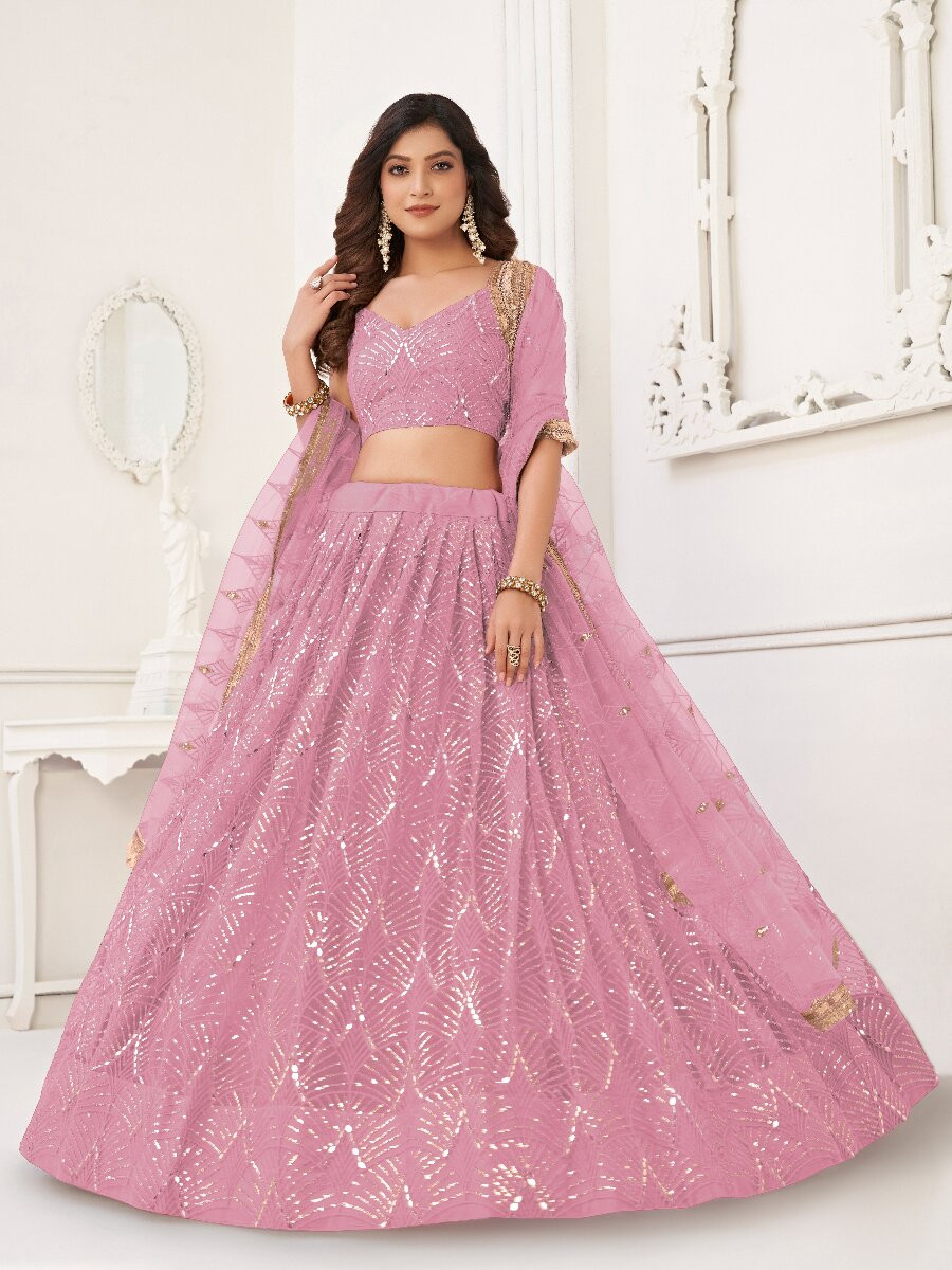 Dusty Pink Butterfly Net Embroidery Sequins Wedding Festival Party Wear Traditional Lehenga Choli