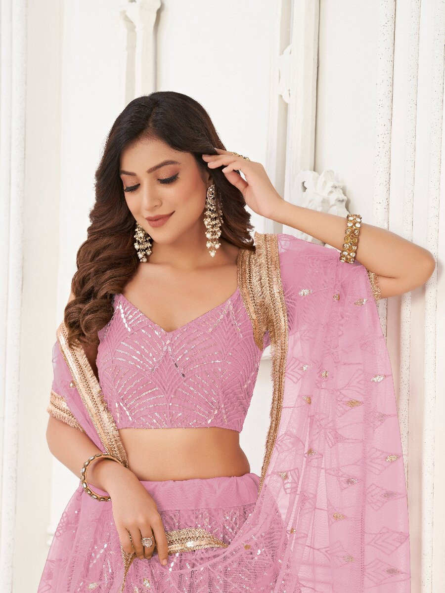 Dusty Pink Butterfly Net Embroidery Sequins Wedding Festival Party Wear Traditional Lehenga Choli